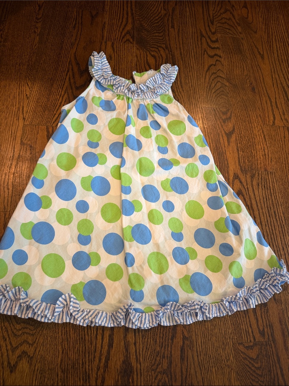 Girls Blue & Green Dot Ruffle Neck Casual Dress